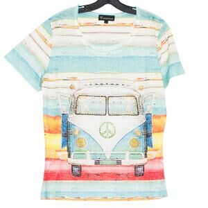 VW Bus Peace Sign Burnout Tee Hippie Boho Retro 90s Beach Top Embellished L Y2K